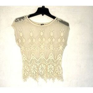 Sheer Ivory floral mesh lace top fringe accents on hem small boho fairy dainty